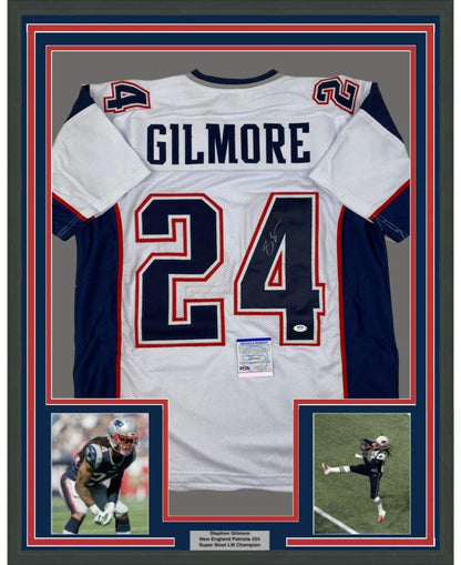 Framed Autographed/Signed Stephon Gilmore 35x39 New England White Football Jersey PSA/DNA COA