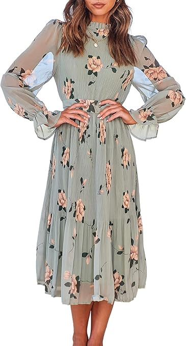 ANRABESS Women's Floral Midi Dress Puff Long Sleeve Casual Ruffle Chiffon A-Line Swing Pleated Belted Tea Party Dresses