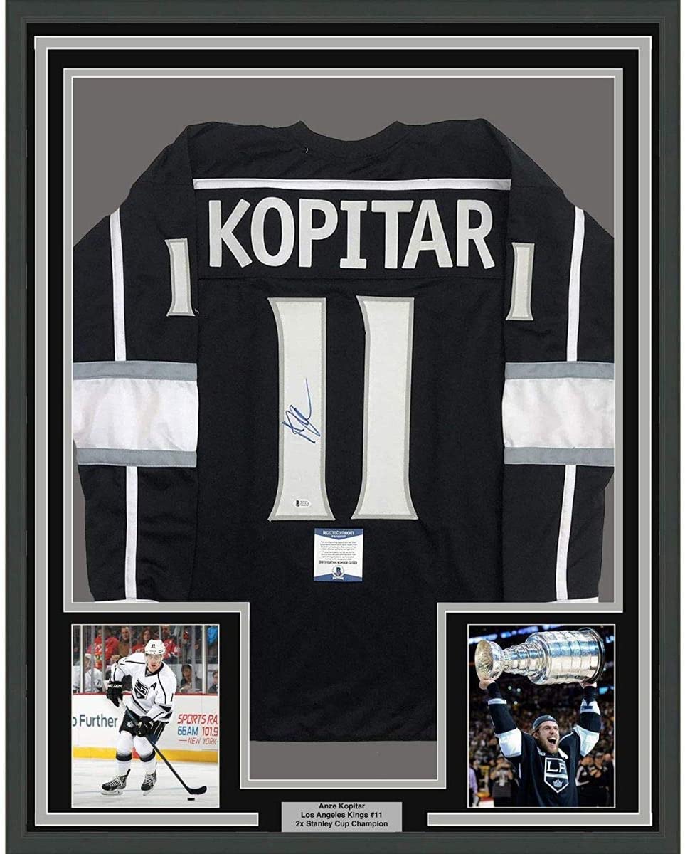Framed Autographed/Signed Anze Kopitar 35x39 Los Angeles LA Black Hockey Jersey JSA COA