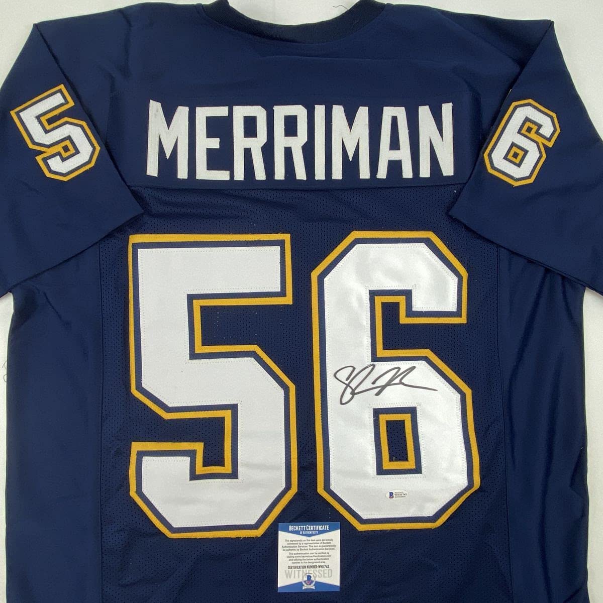 Autographed/Signed Shawne Merriman San Diego Dark Blue Football Jersey Beckett BAS COA