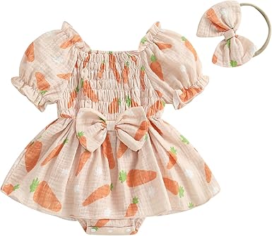 Lamuusaa Newborn Baby Girl Easter Outfit Smocked Bunny/Carrot Romper Cotton Linen Bodysuit Headband Summer Clothes 0-18M