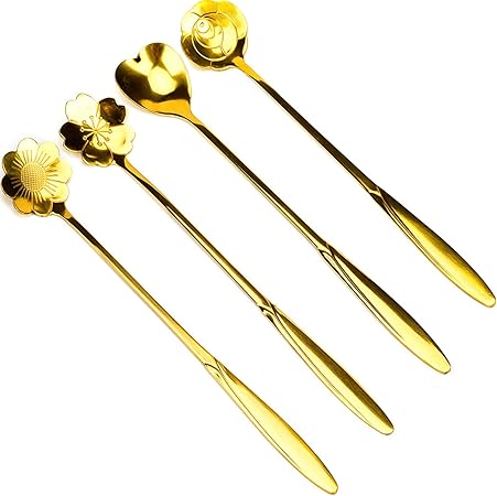 Stainless Steel Tableware Creative Flower Coffee Spoon, Sugar Spoon, Stirring Spoon, Mixing Spoon, Stir Bar Spoon, Tea Spoon, Ice Tea Spoon for Tea, Cake, Dessert Ice Cream Spoon, Set of 4, (Gold - 4)