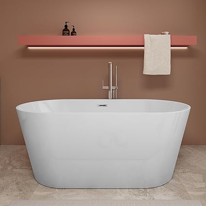 55 inch Freestanding Soaking Bathtub, Modern Stand Alone Free Standing Acrylic Tub with Center Drain & Overflow, Glossy White