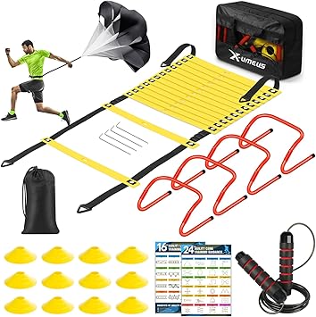 Agility Ladder Speed Training Equipment Set-20ft Agility Ladder, 12 Soccer Cones, 4 Hurdles, Jump Rope, Running Parachute| Basketball Football Soccer Training Equipment for Kids Youth Adults