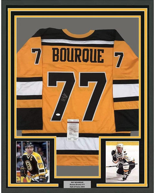 Framed Autographed/Signed Ray Bourque 35x39 Boston Yellow Hockey Jersey JSA COA
