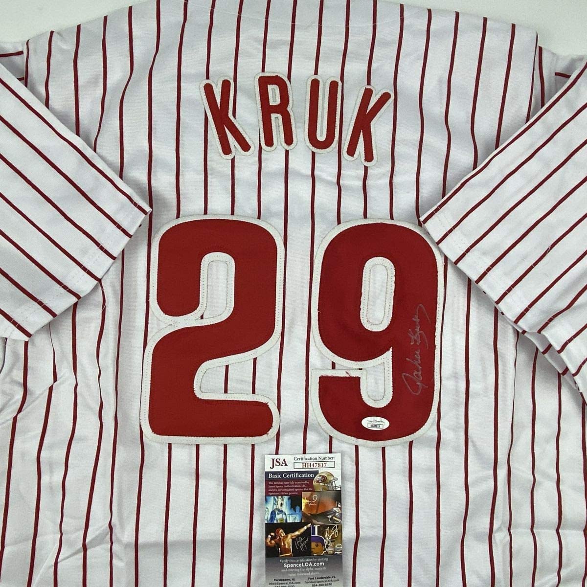 Autographed/Signed John Kruk Philadelphia Pinstripe Baseball Jersey JSA COA