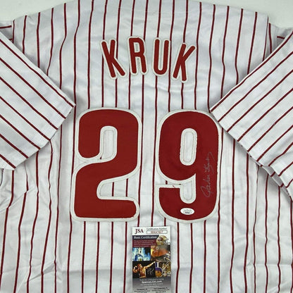 Autographed/Signed John Kruk Philadelphia Pinstripe Baseball Jersey JSA COA