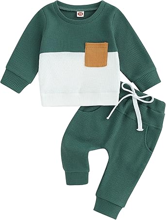 Baby Boy Clothes Fall Winter Outfits Waffle Knit Contrast Color Sweatshirt Top Casual Pants Set Toddler 2Pcs Outfit