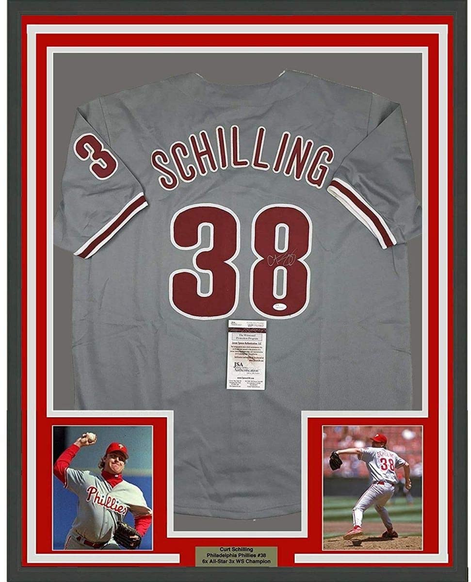 Framed Autographed/Signed Curt Schilling 35x39 Philadelphia Grey Baseball Jersey JSA COA