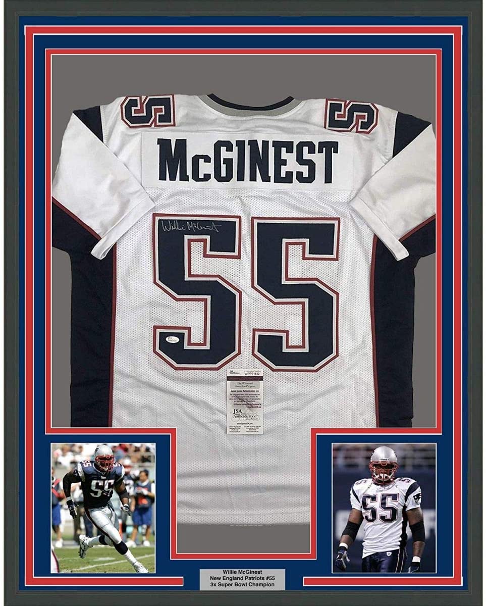 Framed Autographed/Signed Willie McGinest 35x39 New England White Football Jersey JSA COA