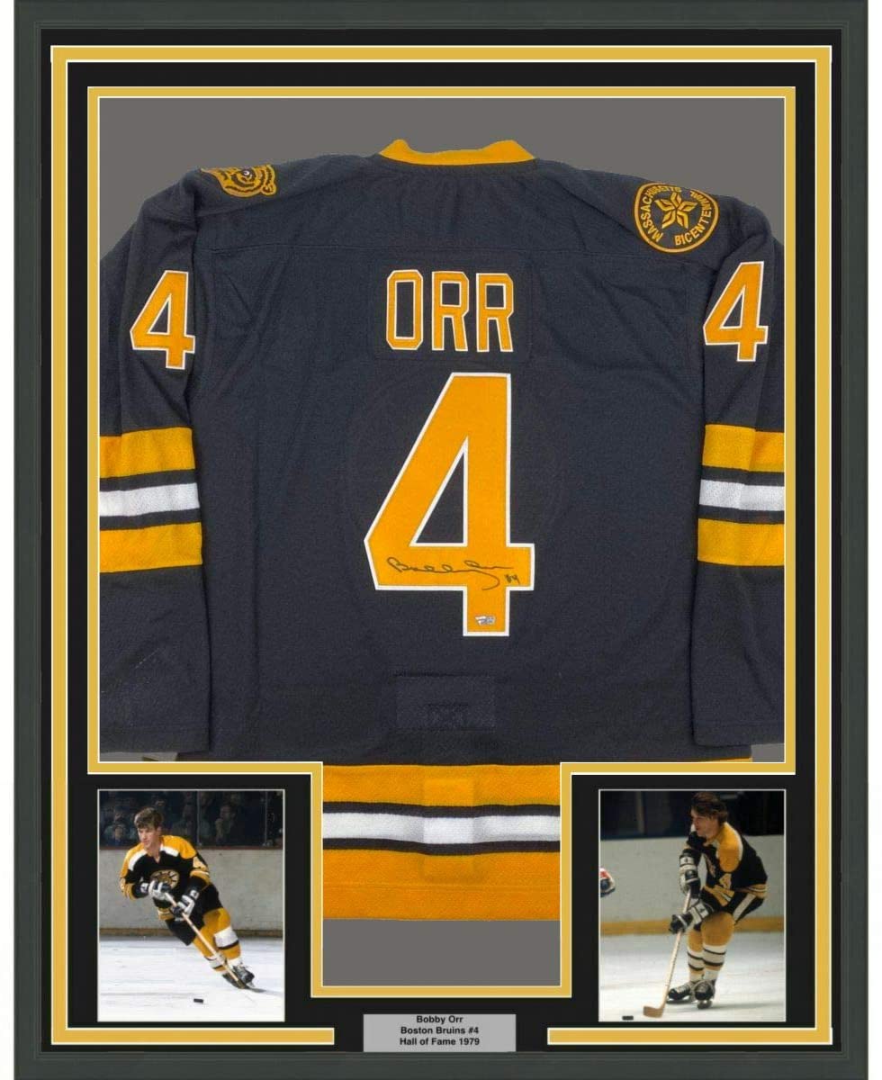 Framed Autographed/Signed Bobby Orr 35x39 Boston Yellow Hockey Jersey Beckett Fanatics COA