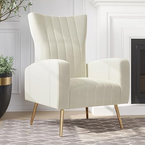 BELLEZE Velvet Accent Chairs for Living Room, Modern Wingback Vanity Chair Upholstered Arm Chair High Back Accent Chair with Metal Legs, Armrests for Living Room Bedroom- Kinsley (White)