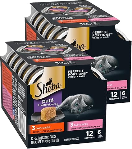 Sheba Perfect Portions Wet Cat Food Pate Savory Chicken Entree and With Sustainable Salmon Variety Pack, 2.6 oz., Twin-Pack Trays (6 Count, 12 Servings) (Pack of 2)