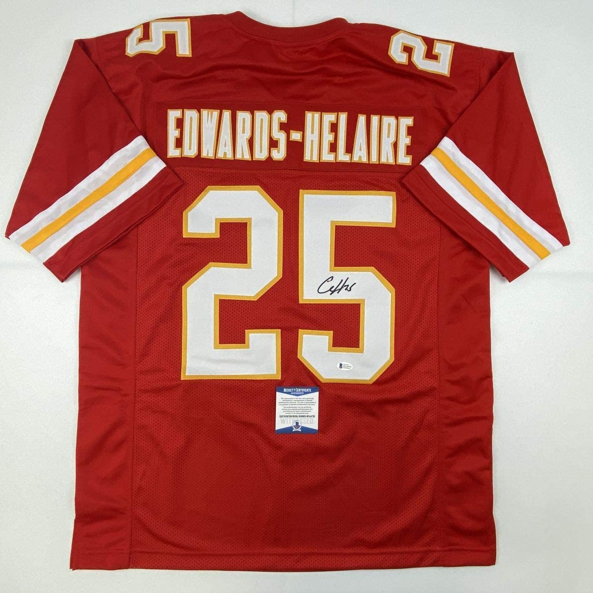 Autographed/Signed Clyde Edwards-Helaire Kansas City Red Football Jersey Beckett BAS COA