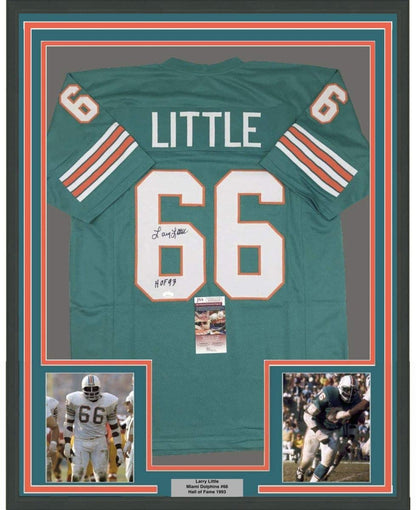 Framed Autographed/Signed Larry Little HOF 93 35x39 Miami Teal Football Jersey JSA COA