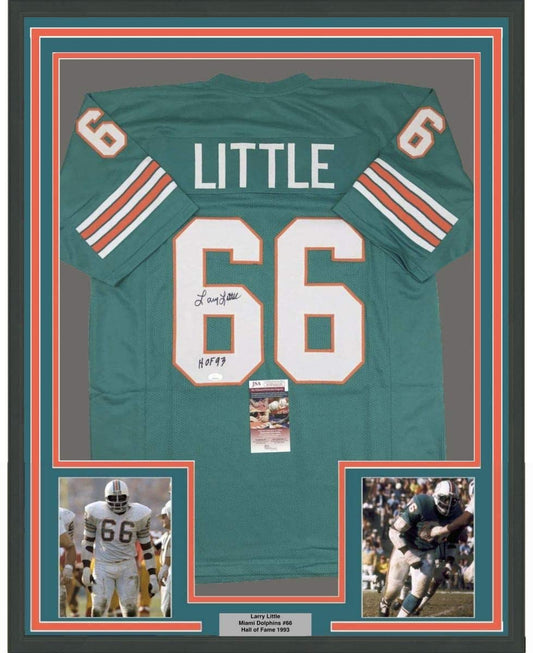 Framed Autographed/Signed Larry Little HOF 93 35x39 Miami Teal Football Jersey JSA COA