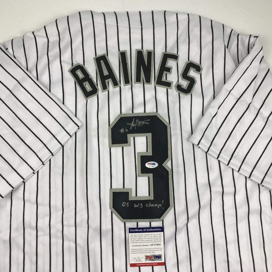Autographed/Signed Harold Baines 05 WS Champs Chicago Pinstripe Baseball Jersey PSA/DNA COA
