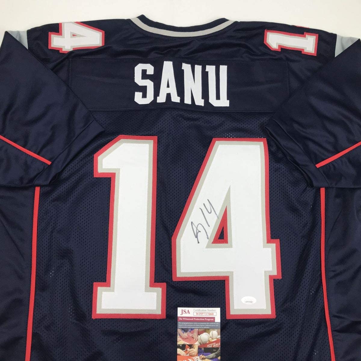 Autographed/Signed Mohamed Sanu New England Blue Football Jersey JSA COA