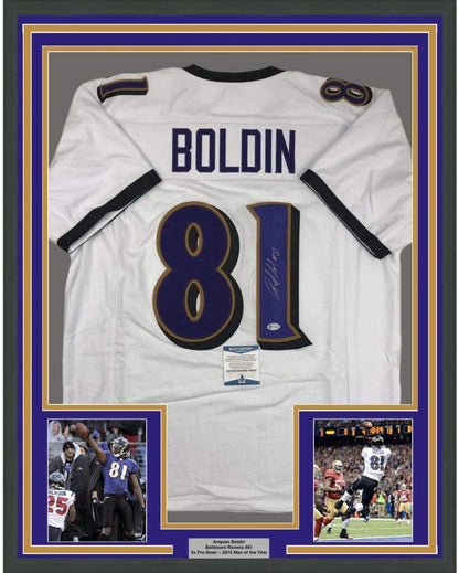 Framed Autographed/Signed Anquan Boldin 35x39 Baltimore White Football Jersey Beckett BAS COA