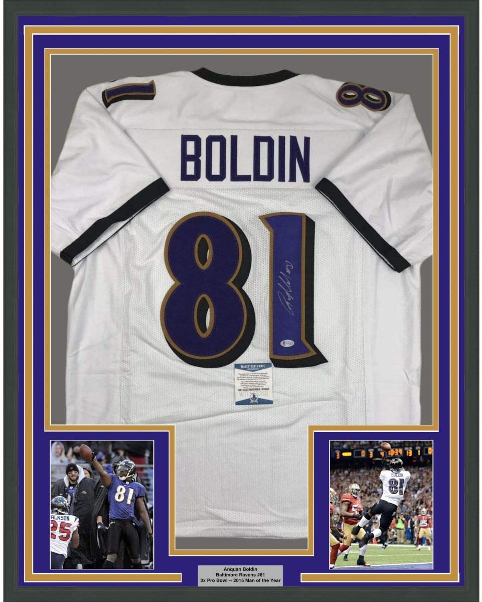 Framed Autographed/Signed Anquan Boldin 35x39 Baltimore White Football Jersey Beckett BAS COA