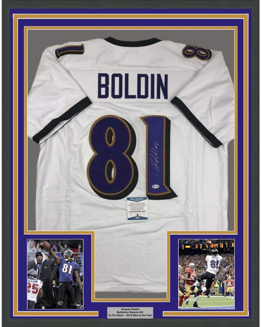 Framed Autographed/Signed Anquan Boldin 35x39 Baltimore White Football Jersey Beckett BAS COA