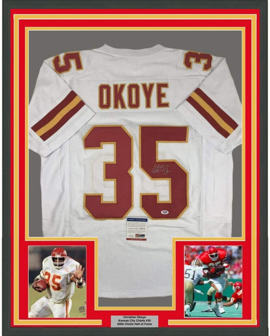 Framed Autographed/Signed Christian Okoye 35x39 Kansas City White Football Jersey PSA/DNA COA