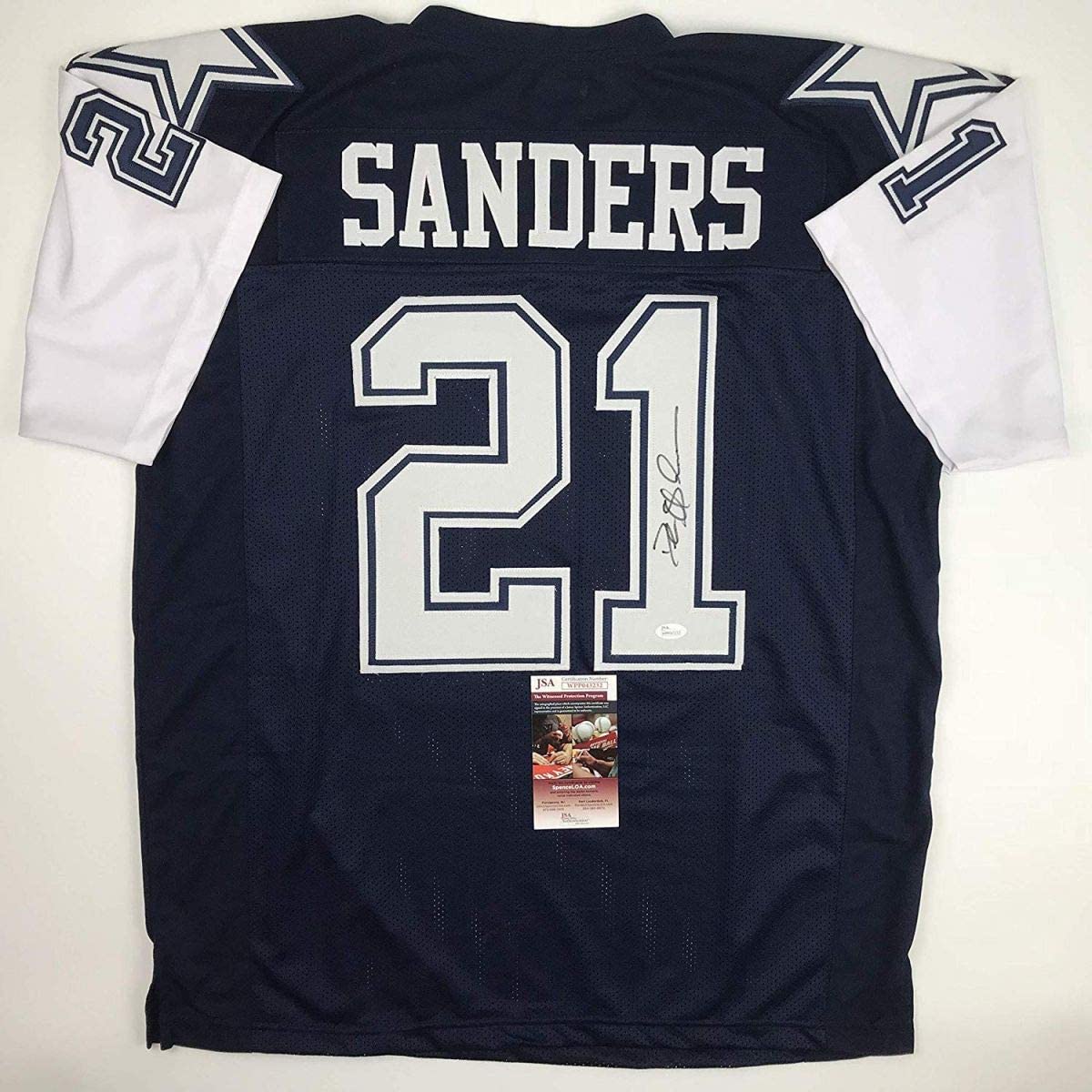Autographed/Signed Deion Sanders Dallas Dark Blue Football Jersey JSA COA