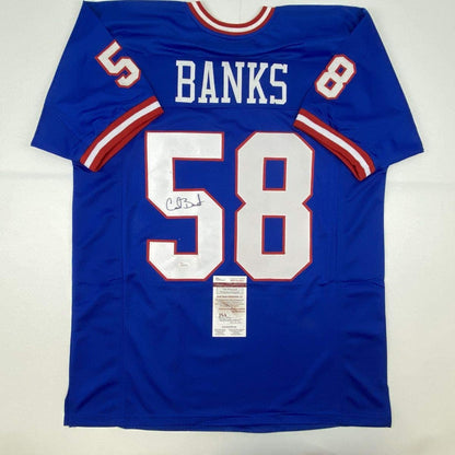 Autographed/Signed Carl Banks New York Blue Football Jersey JSA COA