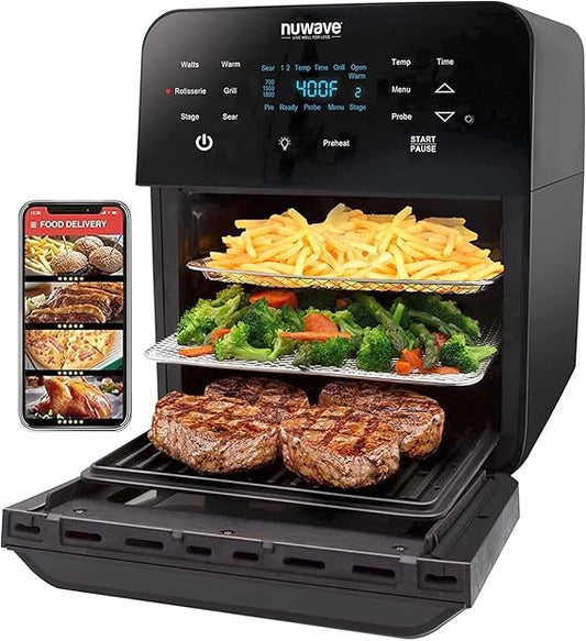 Nuwave Brio Air Fryer Oven, 15.5Qt X-Large Family Size, SS Rotisserie Basket &Skewer-Kit, Reversible Ultra Non-Stick Grill/Griddle Plate, Powerful 1800W, Integrated Smart Thermometer, Black