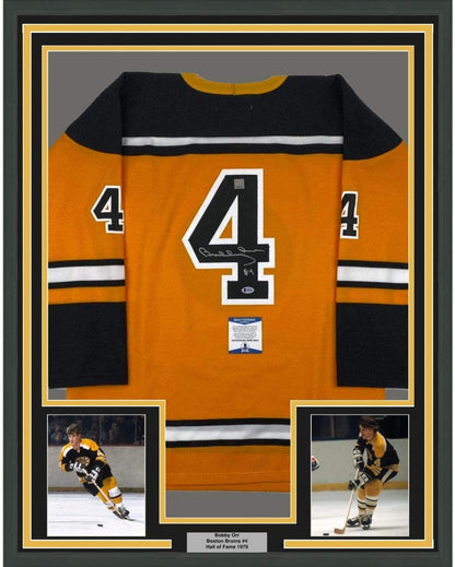 Framed Autographed/Signed Bobby Orr 35x39 Boston Yellow Hockey Jersey Beckett BAS & GNR COA
