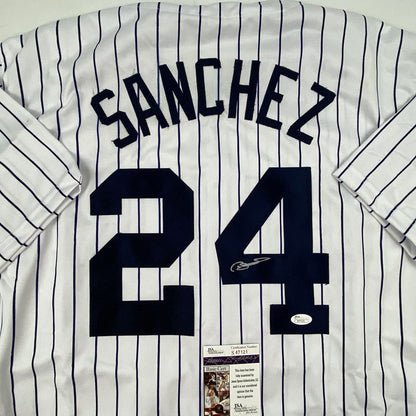 Autographed/Signed Gary Sanchez New York Pinstripe Baseball Jersey JSA COA