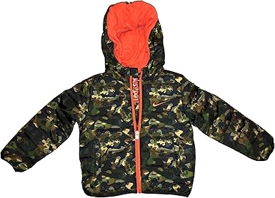 Nike Baby Boy/Girl Army Camo Hooded Puffer Jacket, Style 66G083/Color A38, Size 24 Months, Classic Camo, Modern Contrasting Orange Zipper, Swoosh & _ÜÛJust Do It_Ü_ Zipper Placket, Cozy Warm Fleece Lined