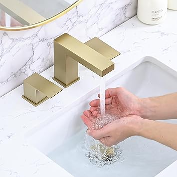 Bathroom Faucet 3 Hole, 8 Inch Widespread Bathroom Sink Faucets, 2 Handle Bathroom Faucets for Sink, Modern Rv Lavatory Vanity Faucet with Pop Up Drain and Supply Hoses, Brushed Golden