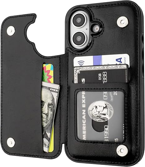 Compatible with iPhone 16 Wallet Case with Card Holder, PU Leather Kickstand Card Slots Case, Double Magnetic Clasp and Durable Shockproof Cover 6.1 Inch (Black)