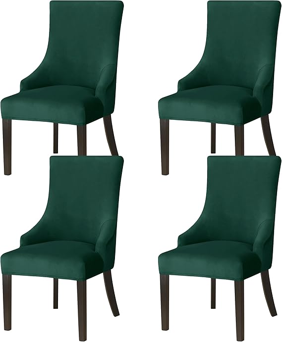 XMNTG Set of 4 Stretch Green Velvet Wingback Chair Cover Slipcover Accent Chair Covers Arm Chair Protector for Dining Room Banquet Home Decor (Green, 4PCS)