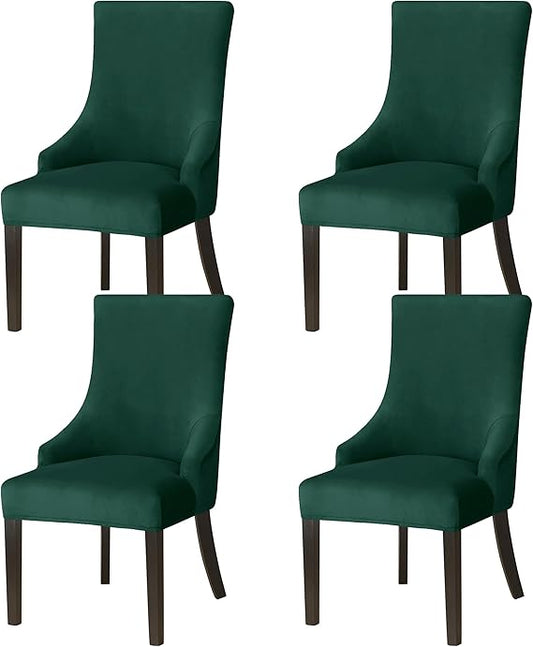 XMNTG Set of 4 Stretch Green Velvet Wingback Chair Cover Slipcover Accent Chair Covers Arm Chair Protector for Dining Room Banquet Home Decor (Green, 4PCS)