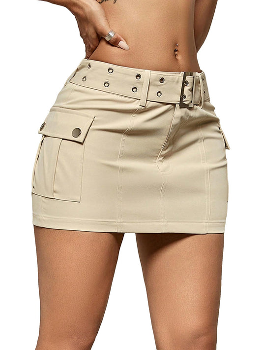 Floerns Women's Flap Pocket Y2K Cargo Skirt Grommet Eyelet Belted Mini Skirt Khaki S