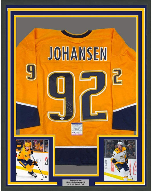 Framed Autographed/Signed Ryan Johansen 35x39 Nashville Yellow Hockey Jersey PSA/DNA COA