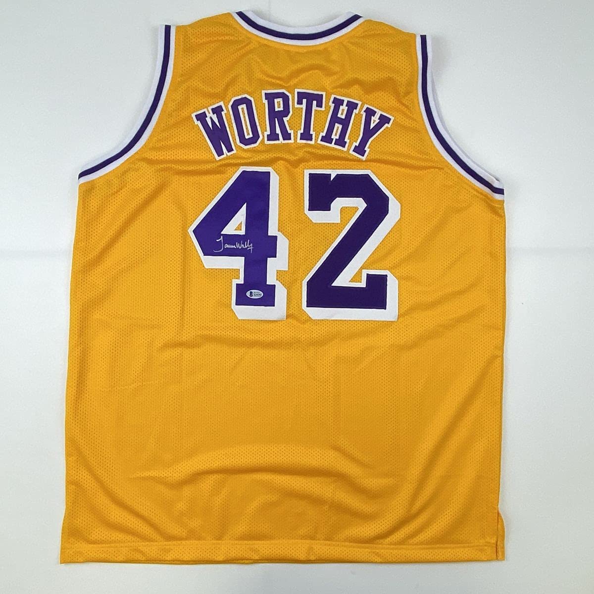 Autographed/Signed James Worthy Los Angeles LA Yellow Basketball Jersey Beckett BAS COA