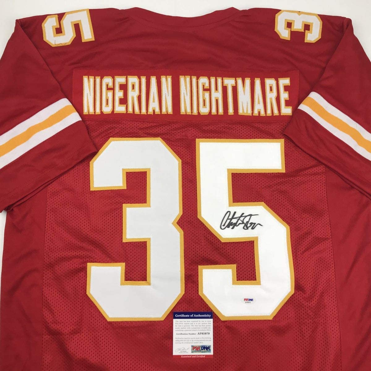 Autographed/Signed Christian Okoye Nigerian Nightmare Kansas City Red Football Jersey PSA/DNA COA