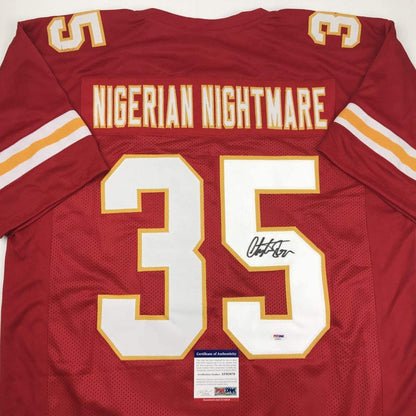 Autographed/Signed Christian Okoye Nigerian Nightmare Kansas City Red Football Jersey PSA/DNA COA