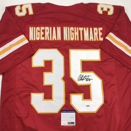 Autographed/Signed Christian Okoye Nigerian Nightmare Kansas City Red Football Jersey PSA/DNA COA