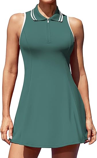 ATTRACO Tennis Dress Tennis Golf Dresses with Built in Shorts and Pockets Polo Collar Zipper Athletic Dresses