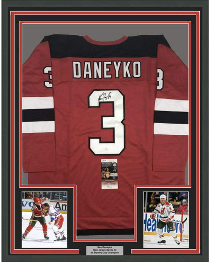 Framed Autographed/Signed Ken Daneyko 35x39 New Jersey Red Hockey Jersey JSA COA