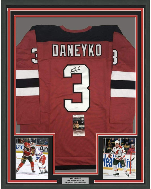 Framed Autographed/Signed Ken Daneyko 35x39 New Jersey Red Hockey Jersey JSA COA