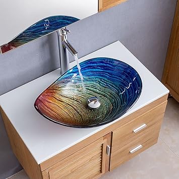 Lovedima Tempered Glass Vessel Sink, Multicolor Teardrop-Shaped Bathroom Vanity Wash Sink Above Counter