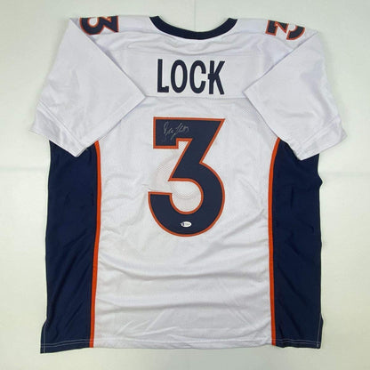 Autographed/Signed Drew Lock Denver White Football Jersey Beckett BAS COA