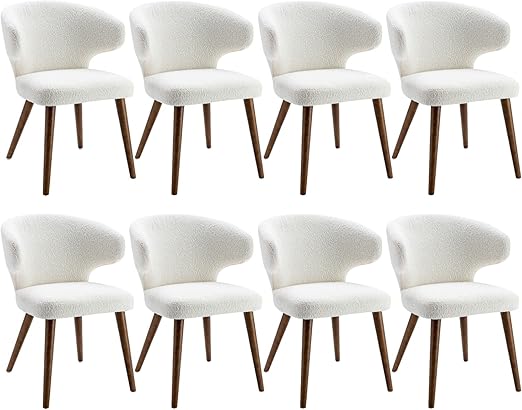 Mid Century Modern Sherpa Boucle Dining Chairs Set of 8, Upholstered Curved Wingback Accent Arm Chairs Side Chairs with Solid Wood Legs, White