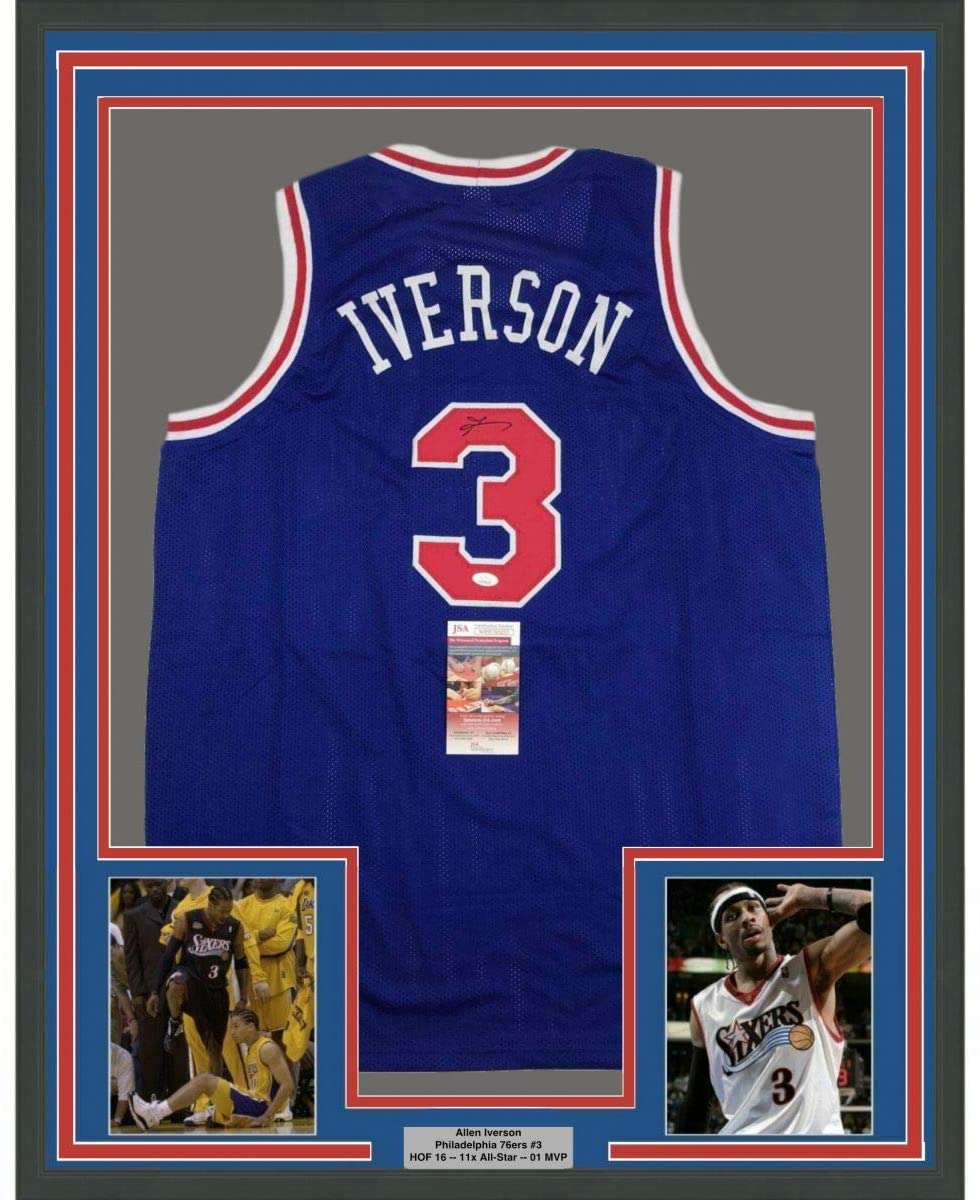 Framed Autographed/Signed Allen Iverson 35x39 Philadelphia Blue Basketball Jersey JSA COA