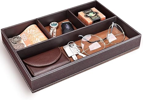 GORESE Faux Leather Valet Tray for Men, Stackable Jewelry Organizer Trays for Drawers Inserts, Nightstand Caddy Tray for Key, Wallet, Sunglass, Watch, Coin, Phone, Bedside Desk-top Storage Tray Brown